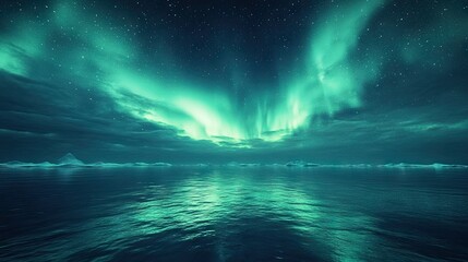 Northern Lights glowing over a calm sea with the night sky providing space for copy.