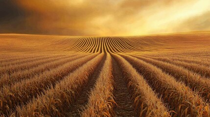 Fototapeta premium Rows of corn stalks in a golden field during harvest season, with a vast sky area for adding text.