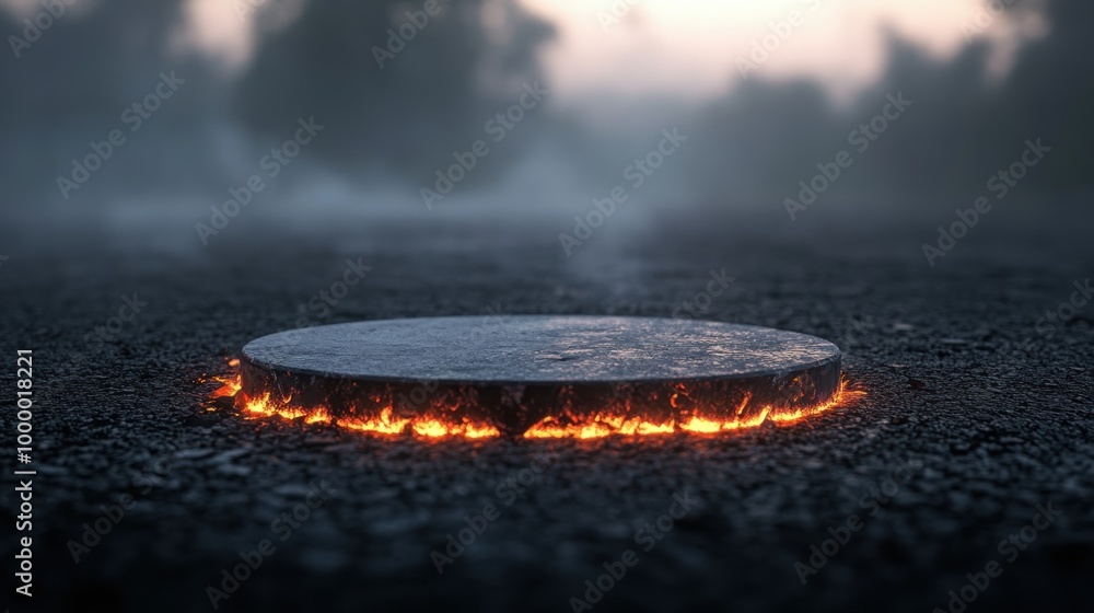 Poster a glowing circular object on a misty asphalt surface, emitting steam and light.