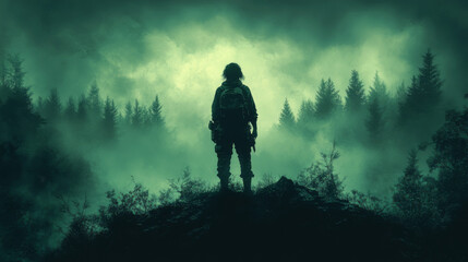 A lone figure stands in a misty forest, silhouetted against the eerie green light.