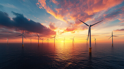 Wind turbines stand tall at sunset over the ocean.