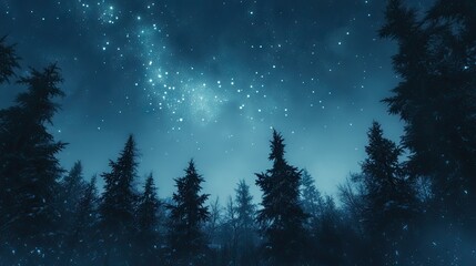 Fototapeta premium The Northern Lights shimmering above a forest, with a starry sky providing space for copy.