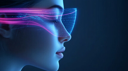 Obraz premium A woman wearing futuristic glasses, glowing with streaks of digital data. A representation of virtual reality and the future of technology.
