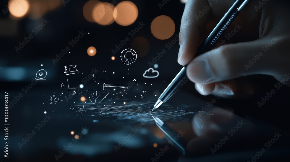 Poster freelance creative working on a tablet, displaying digital sketches, tools icons floating around, [c