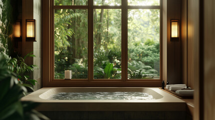 Tranquil spa bathroom with lush garden view