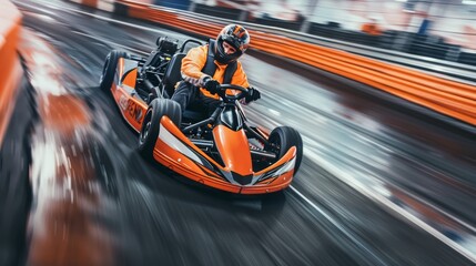 A man is driving a kart on a track, karting