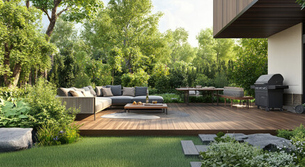 an outdoor garden with a wooden floor, featuring greenery and plants around the area. There is also some seating, including a sofa, table, and grill placed on top of it.