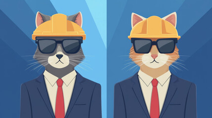 Two cats dressed in suits and hard hats.