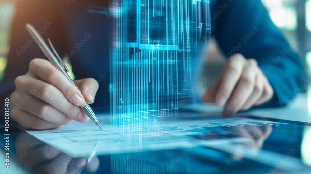 Poster a person writes on a document while digital data visualizations rise above, blending technology with