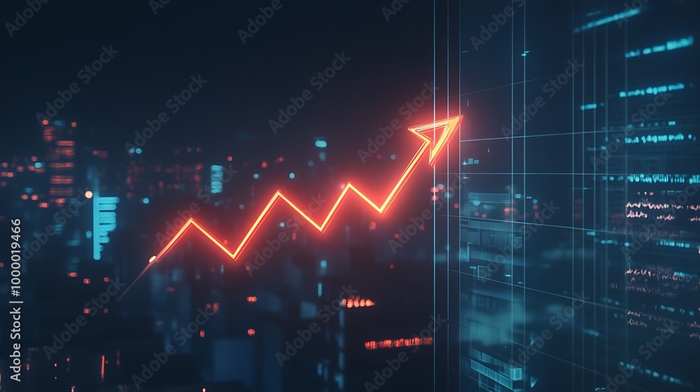Poster abstract digital graph with red upward arrow
