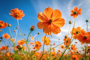 Obraz premium Isolated orange cosmos flowers blooming on white background from a low angle