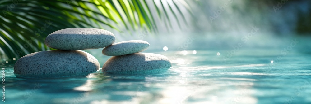 Poster this image showcases a serene moment by the water. smooth stones rest gracefully in a tranquil pool.