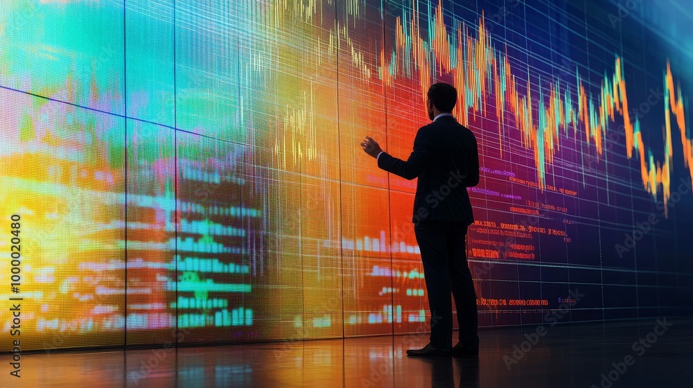 Poster a professional analyzing colorful financial data displayed on a large screen, showcasing stock marke
