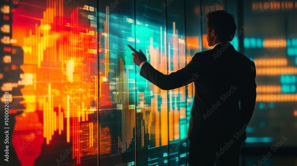 Poster a business professional analyzes data on a digital screen with colorful graphics in a modern, high-t