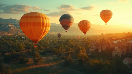 Fototapeta premium Hot Air Balloons Soar Over a Scenic Landscape at Sunset
