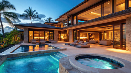 Fototapeta premium the backyard with an outdoor pool and hot tub at night in Hawaii, a luxury mansion with large windows, beige stone walls, modern furniture, a stone patio