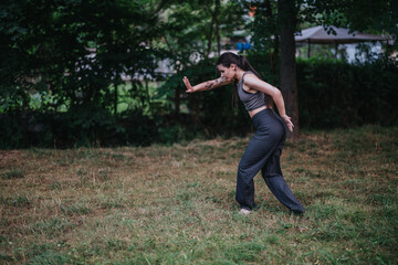 A woman performs a yoga pose in a tranquil forest, emphasizing balance and mindfulness in nature....