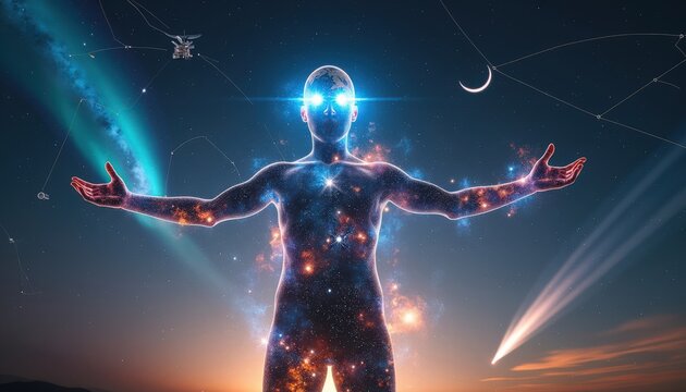 La peau de l&rsquo;homme scintille de n&eacute;buleuses color&eacute;es, tandis qu'une puissance c&eacute;leste jaillit de ses yeux et de ses mains. Derri&egrave;re lui, l&rsquo;espace s'&eacute;tend dans un &eacute;clat infini.