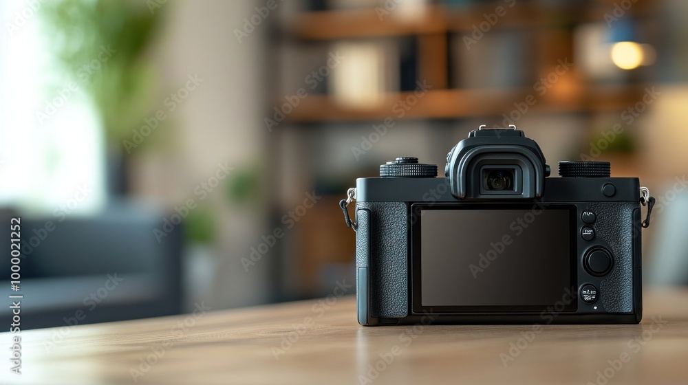 Poster a camera positioned on a wooden table, highlighting its design and functionality.