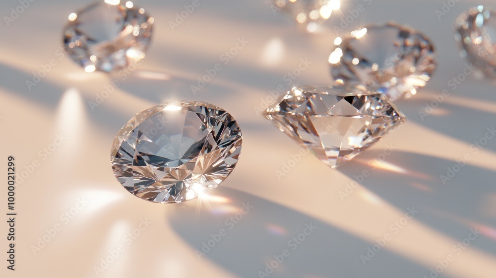 Poster a collection of sparkling diamonds reflecting light on a smooth surface.