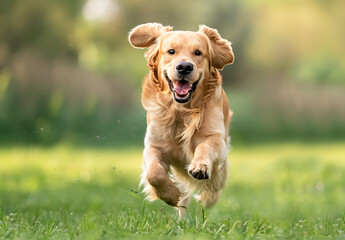 A pet dog running on the grass