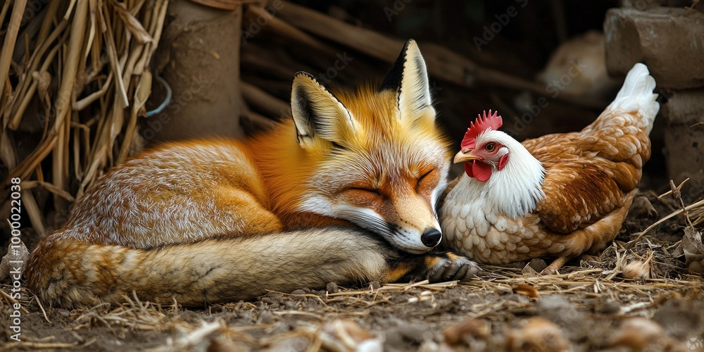 Poster a tranquil scene features a fox peacefully sleeping next to a chicken in a rustic environment. this 