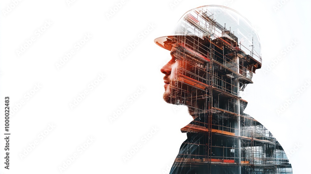 Poster a double exposure image of a construction worker with a scaffolding background.