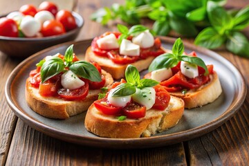 Italian appetizer bruschetta with Tomato sauce, Mozzarella, and fresh Basil on a plate