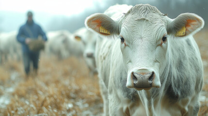 Naklejka premium Close-up of a white cow staring at the camera in a field.