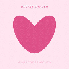 Card for breast cancer awareness month with decorative pink heart and ribbons. Vector illustration for women healthcare support, prevention, help, budge, attention concept.