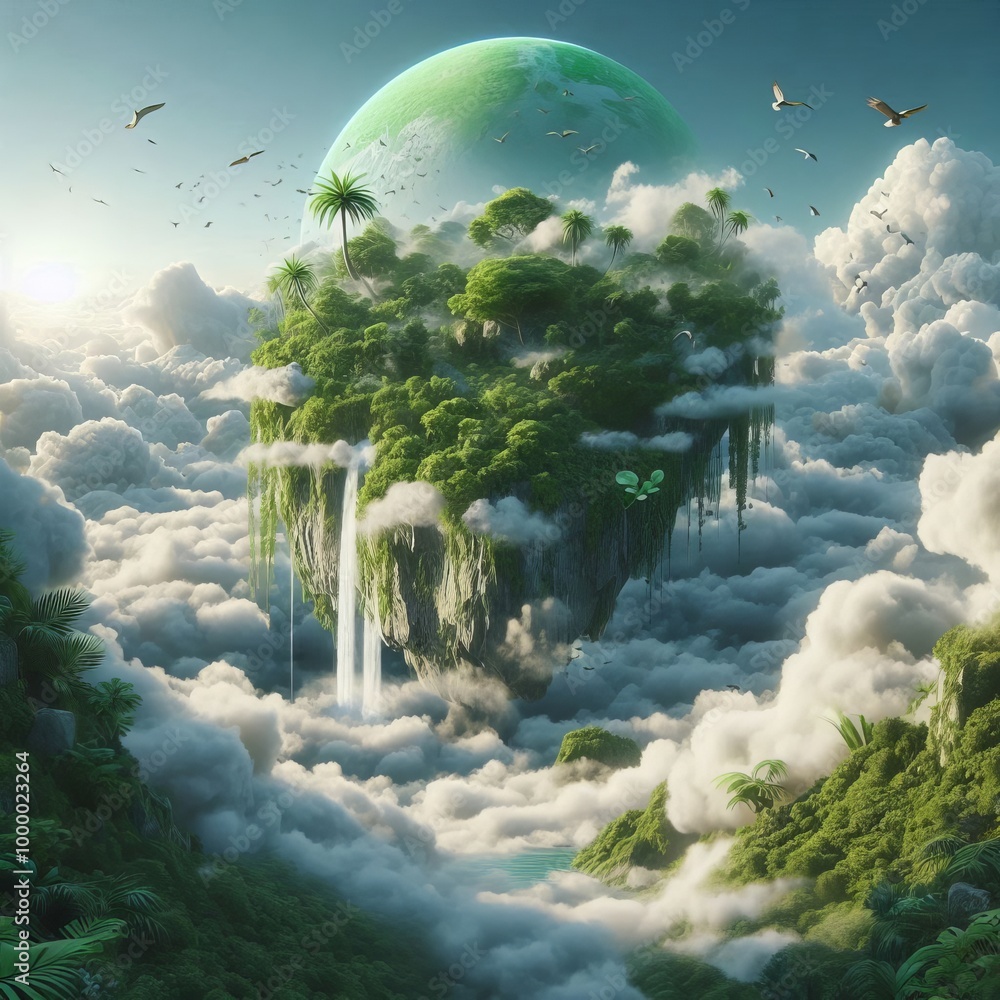 Poster a stunning floating island covered in lush greenery, suspended above the clouds with a distant plane