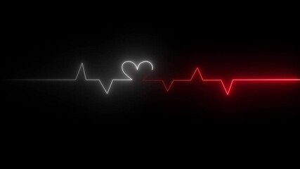 Heart beat line animation. Neon line heart beat line animation on black background. heart beat icon. Cardiogram cardiograph oscilloscope icon black background red and white icon 