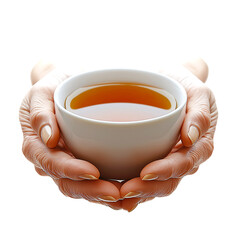 A cup of tea in elderly hands on a transparent background PNG file	
