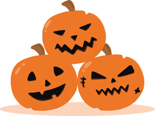 Halloween monster jack lantern orange pumpkin carved glowing scary face set on white background. Holiday cartoon character collection for celebration design. Vector spooky illustration