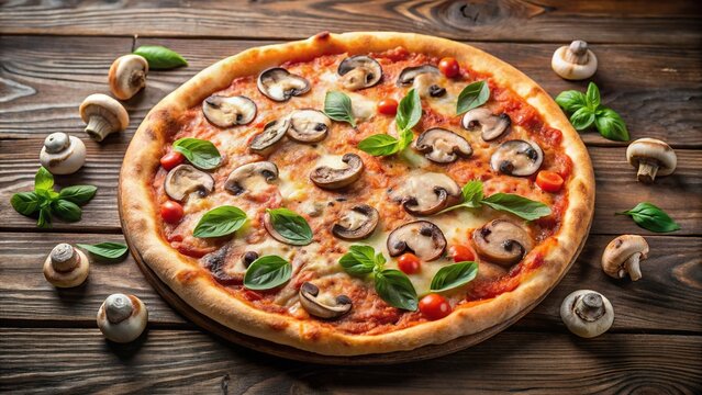 Italian pizza with aromatic and delicious mushrooms, high angle view