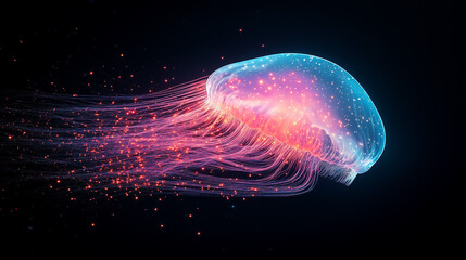 Deep-sea comb jelly with iridescent lights, drifting through the deep waters, surreal and glowing