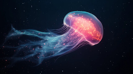 Deep-sea comb jelly with iridescent lights, drifting through the deep waters, surreal and glowing