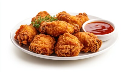 Closeup of crispy chicken nuggets on a white plate with ketchup dipping sauce.