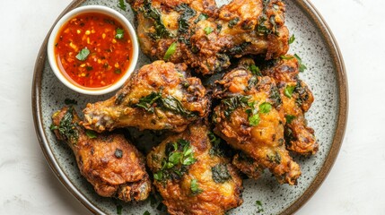 Crispy, golden brown chicken wings with a side of spicy dipping sauce.
