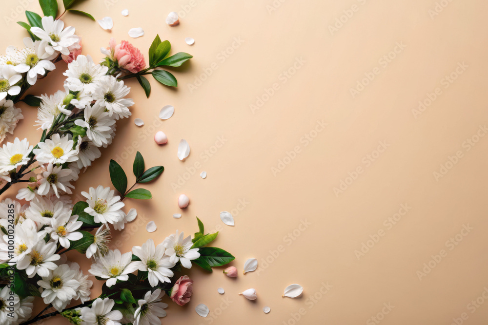 Poster delicate spring blossoms adorn a soft peach background, creating a serene and inviting atmosphere fo
