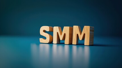 3D rendering of the word SMM made with wooden cubes on a blue background, symbolizing social media marketing, branding, modern advertising strategies, online promotion, digital marketing