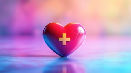 A glossy heart symbol with a medical cross, set against a colorful gradient background.