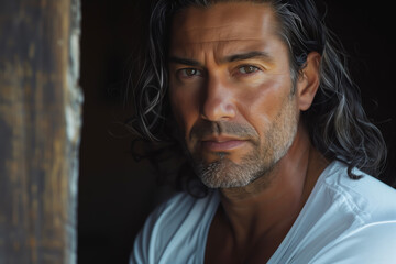 Close-up portrait of a handsome middle-aged hispanic / latino man with long hair, a short salt and pepper beard, and a white t-shirt - dark background, copy space, isolated