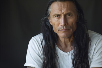 Close-up portrait of a handsome middle-aged native / indigenous / First Nations man with long black hair, and a white t-shirt  - dark background, copy space, isolated