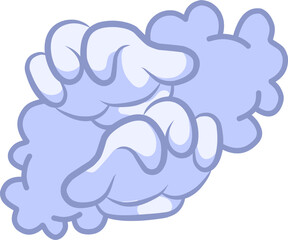 whimsical illustration of two clouds, one white and one baby blue, forming two hands waving in the sky. 