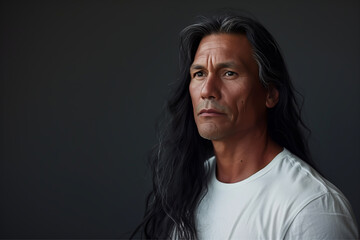 Close-up portrait of a handsome middle-aged native / indigenous / First Nations man with long black hair, and a white t-shirt  - dark background, copy space, isolated