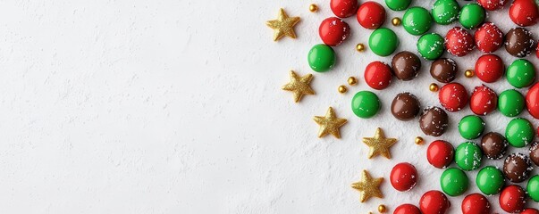 3d render red and green x-mas candy and gold stars on snowy backdrop Christmas background