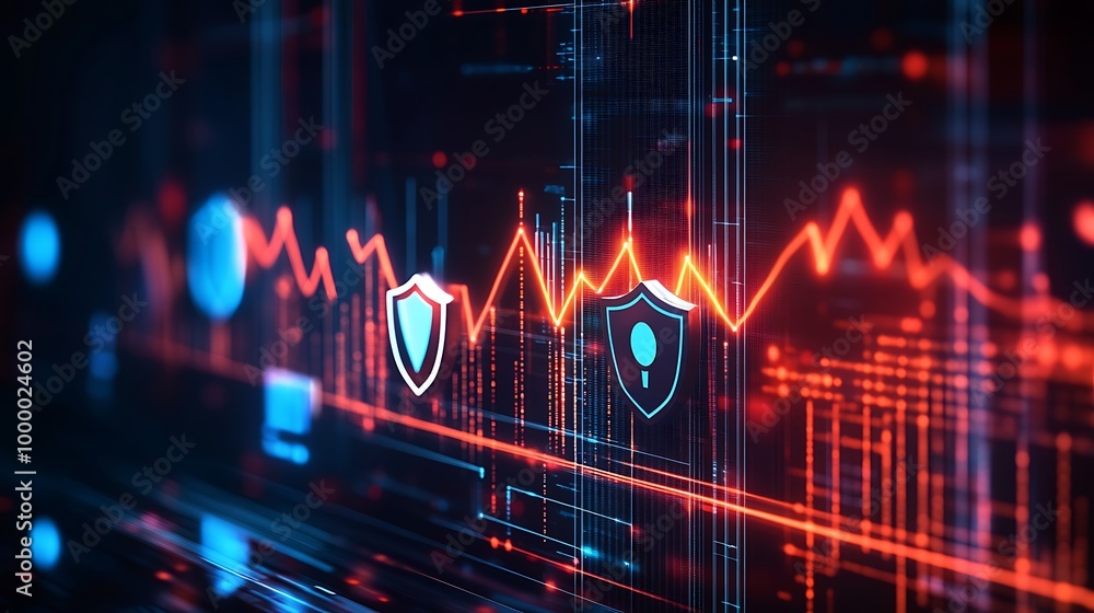 Poster cybersecurity protection with data graph and shields