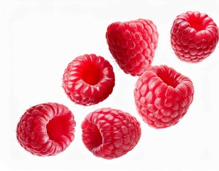 Fresh ripe raspberries flying in the air isolated on white background