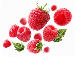 Fresh ripe raspberries flying in the air isolated on white background